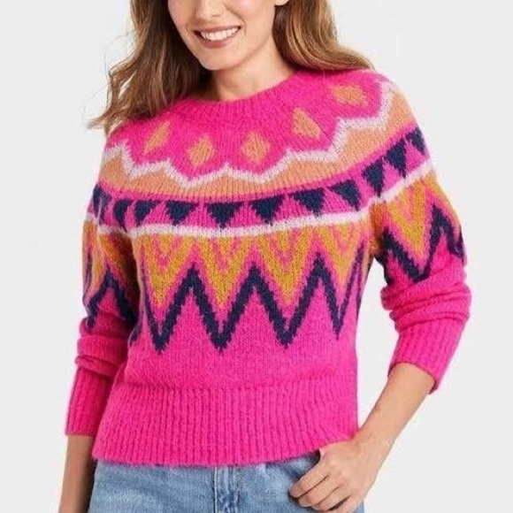 A New Day Barbiecore Fair Isle Crew Neck Fuzzy Pullover Sweater Knit Plus Sz 2XL - Picture 3 of 12